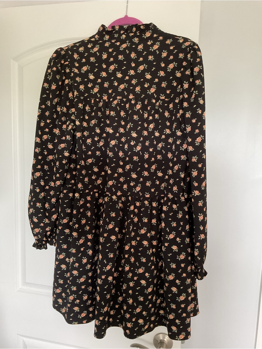 Black Floral Long-Sleeve Tiered Mini Dress by English Factory